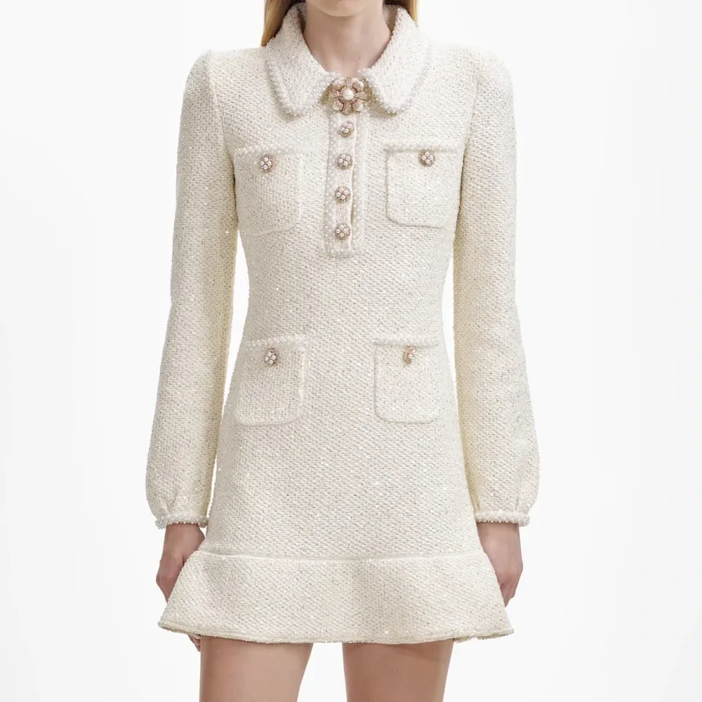 Self Portrait 2023 collection Cream Sequin Knit Pearl Mini Dress Size M - Picture 4 of 11